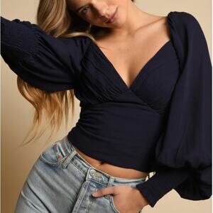 Hutch Navy Reni V Neck Long Balloon Sleeve Crop Top Small NWT
